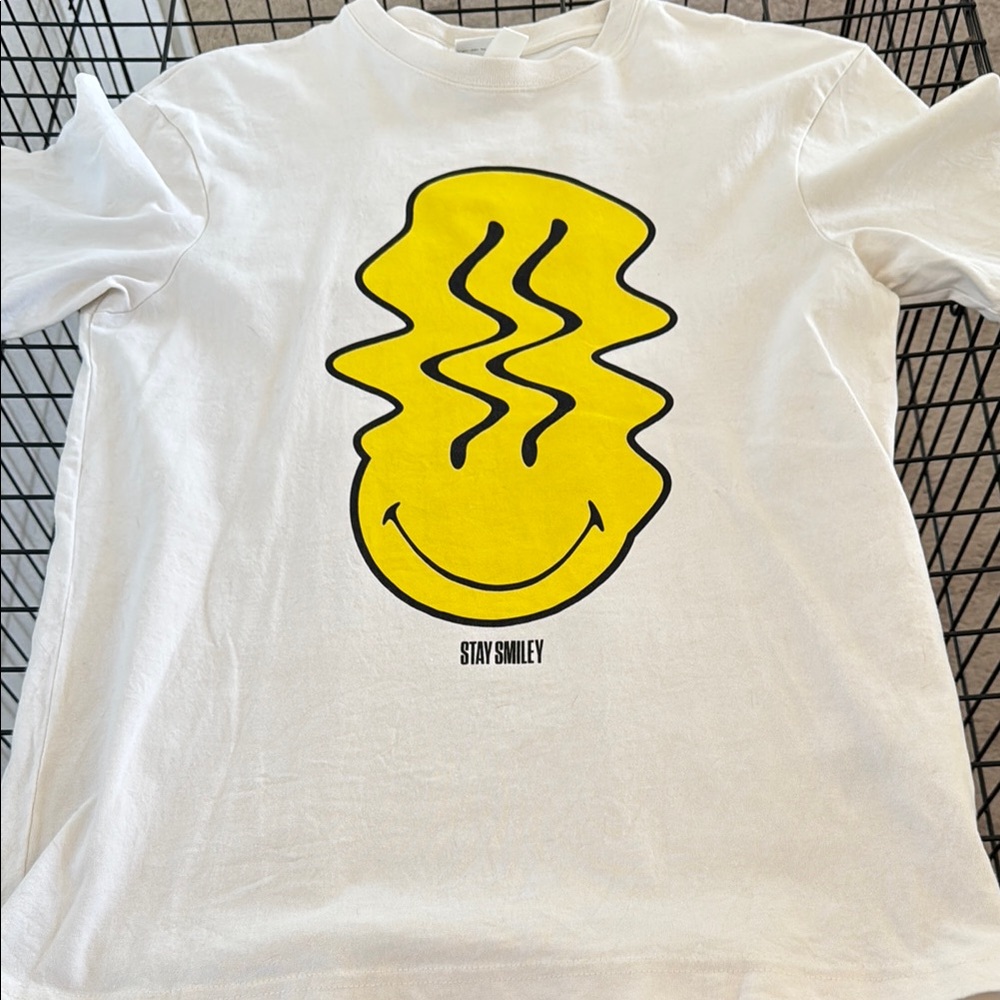 White T-Shirt with Yellow Smiley Graphic